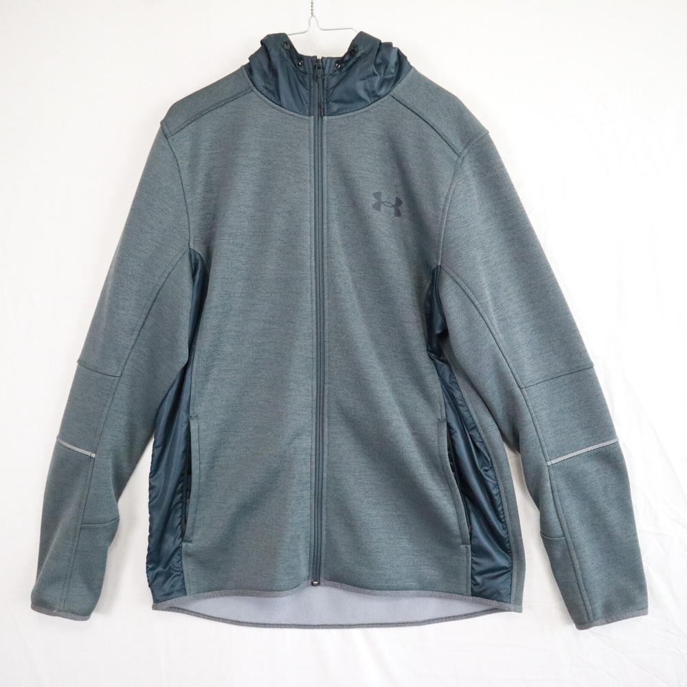 Under Armour Jacket Mens Medium Cold Gear Loose Full Zip Hooded Fleece Logo Gray